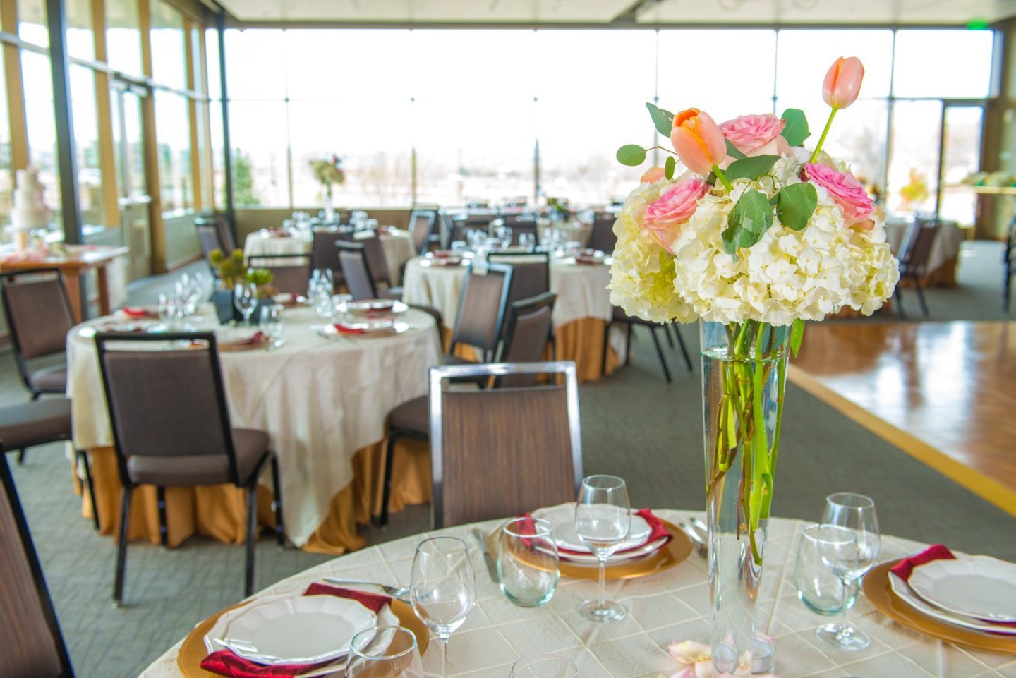 PACE Center Event Room decorated with banquet tables and flowers