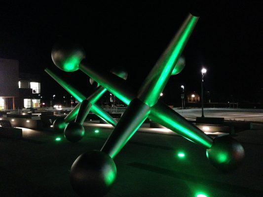Large green jax outdoor art at Discovery Park