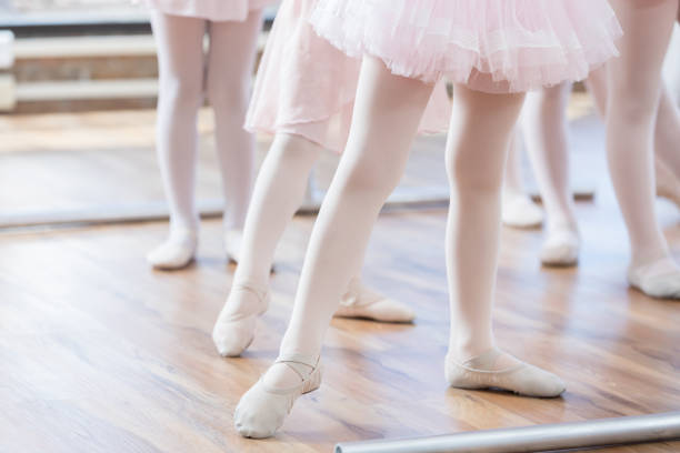 A group of ballerinas, with only legs and feet showing, stand in their positions waiting for class to begin.  A couple of them point their toes at the floor in readiness.