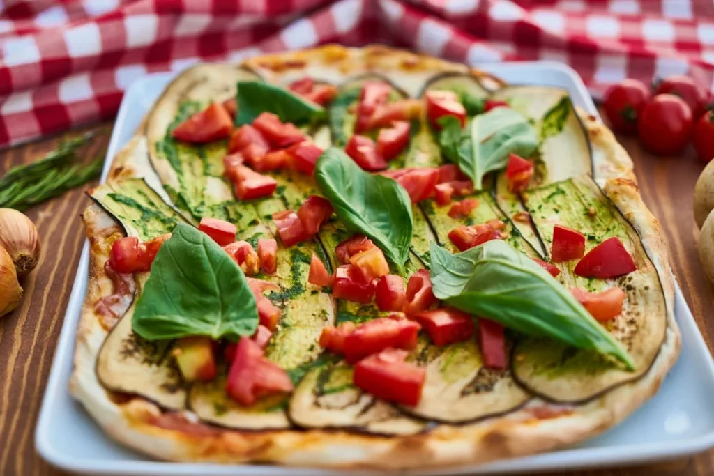 Naan bread pizza with basil spinach and tomates