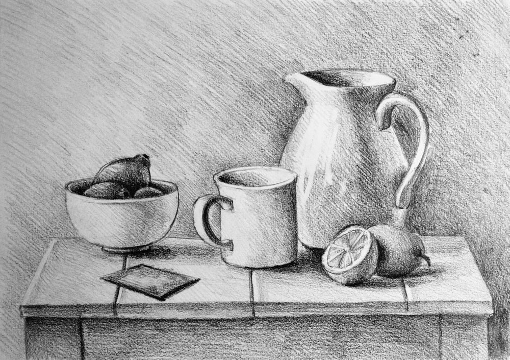Still Life Drawing, pitcher, mug, bowl of apples, lemon on table
