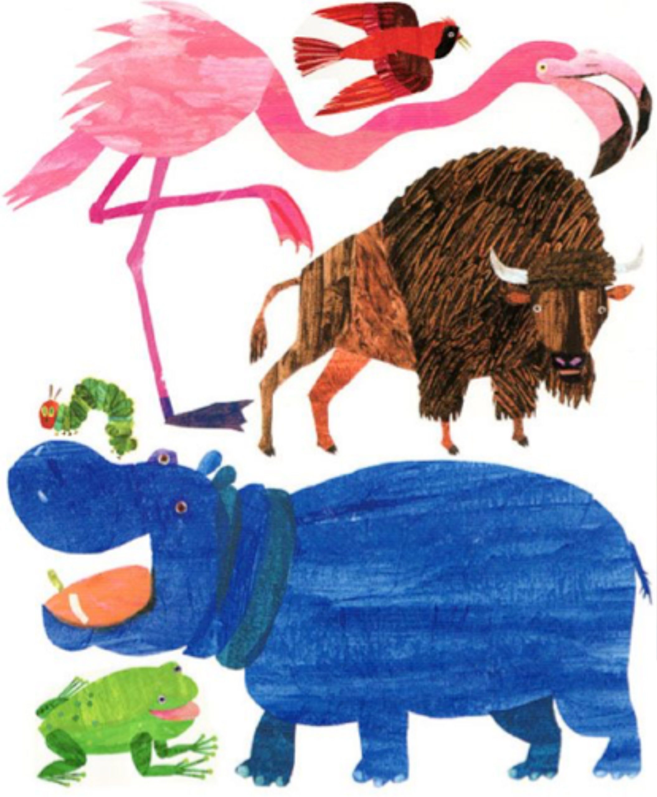 Eric Carle book animal characters - flamingo, frog, caterpillar, hippo, and buffalo