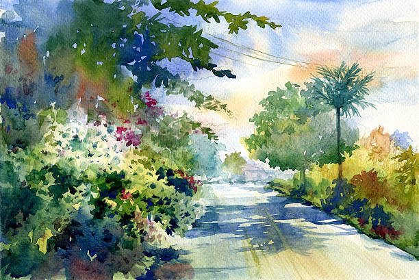 watercolor painting of autumn landscape with a beautiful road with colored trees