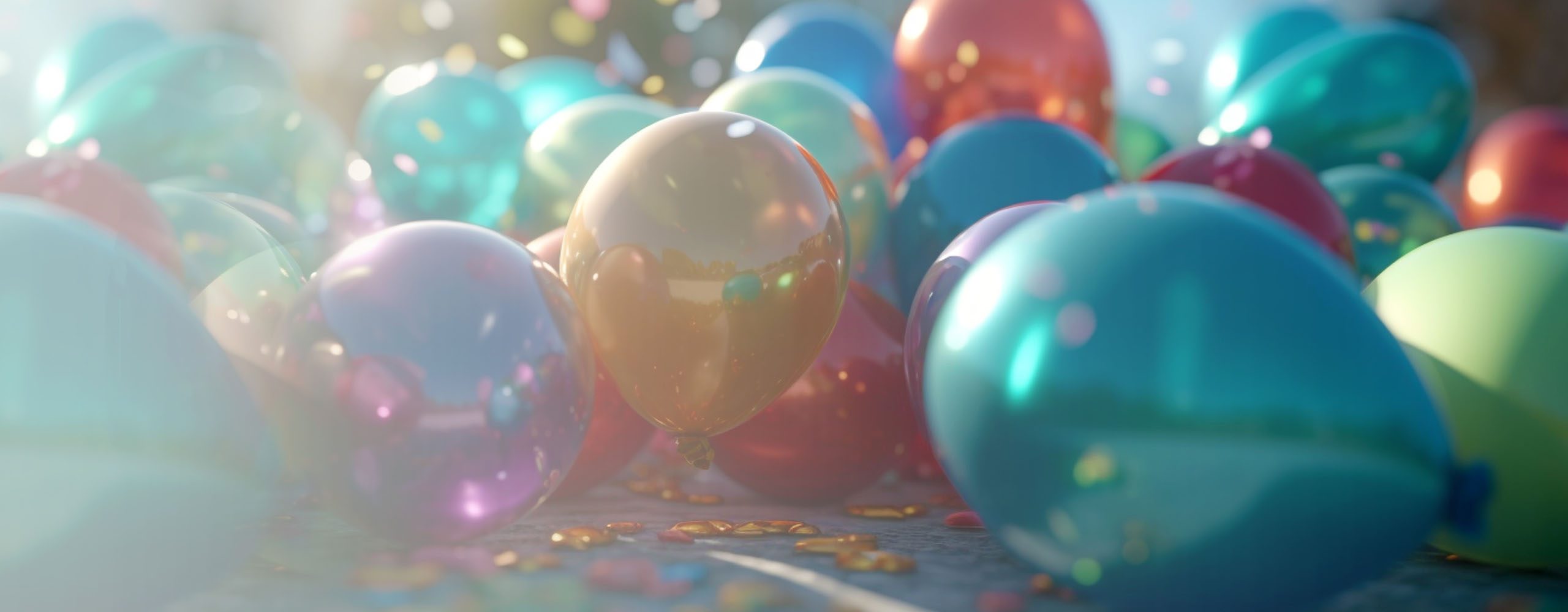 balloons and confetti of all colors on party table
