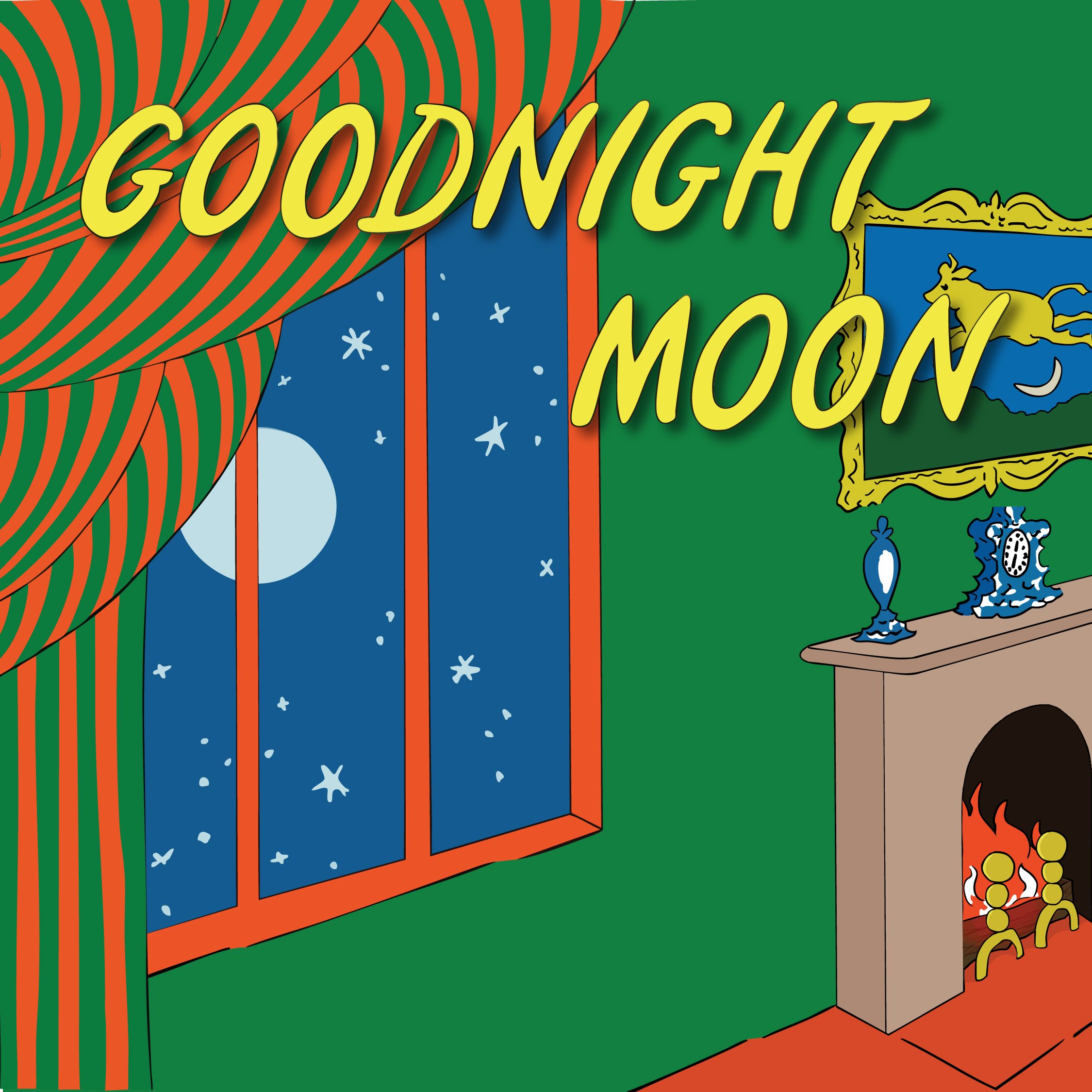 "Goodnight Moon," a moon peaks through a window sill as a fireplace burns through the night.