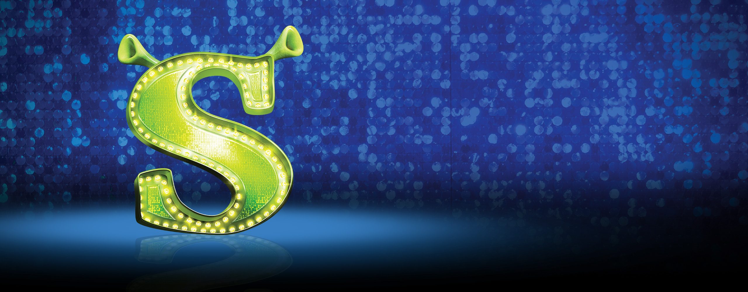 Shrek the Musical with a marquee "S" wearing Shrek's ears.