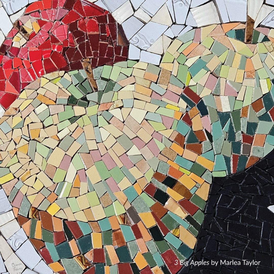 "Parker Arts Art Exhibit: Mosaic Perspectives;" a mosaic art piece features three multicolored apples. "3 Big Apples by Marlea Taylor"