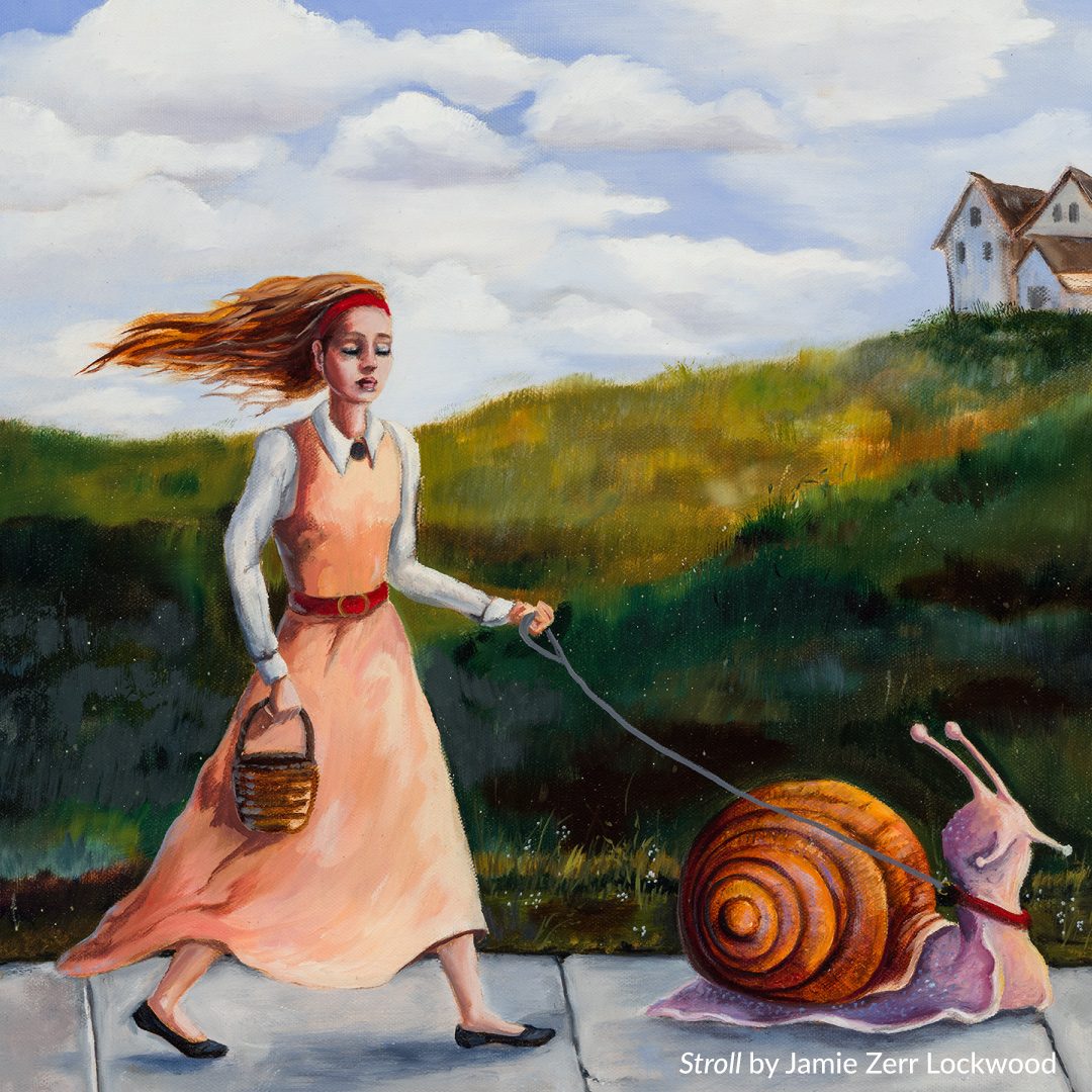 "Parker Arts Art Exhibit: PAG (Parker Artists Guild) What's So Funny?;" A woman in an orange dress walks a giant snail like a dog down the sidewalk. "Stroll by Jamie Zerr Lockwood"