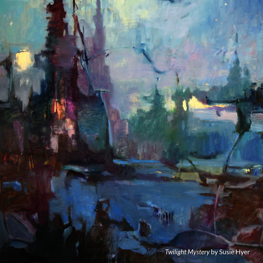 Parker Arts Art Exhibit: Susie Hyer: In Conversation with the Land." An oil painting shows a dark, looming building against a vast, dark blue landscape creating an air of mystery. "Twilight Mystery by Susie Hyer"