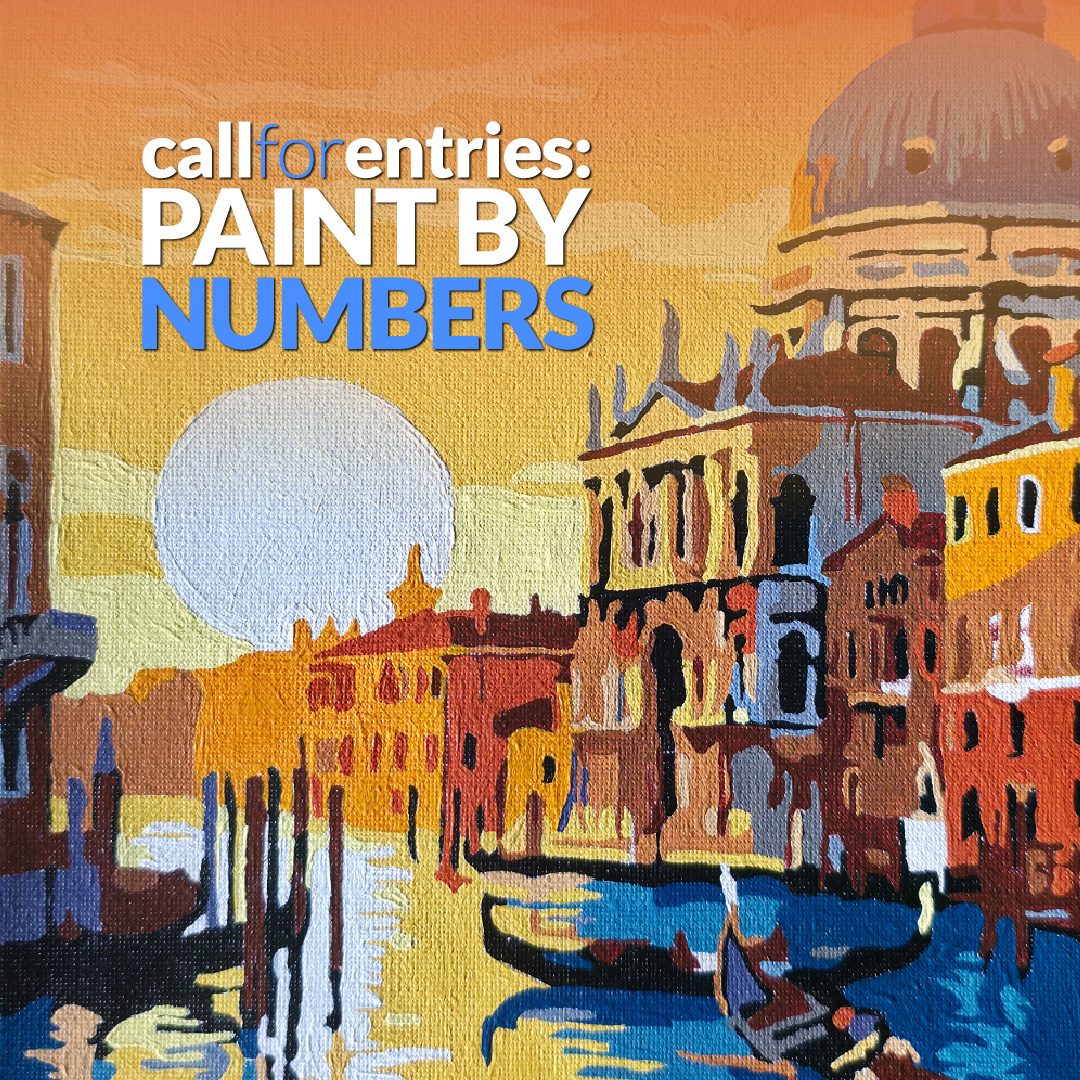 Call for Entries_Paint By Numbers_1080x1080 "Call for Entries: Paint By Numbers". The painting shows a beautiful European palace by the riverfront as the sun sets. A man in a rowboat is gently coasting on the river.