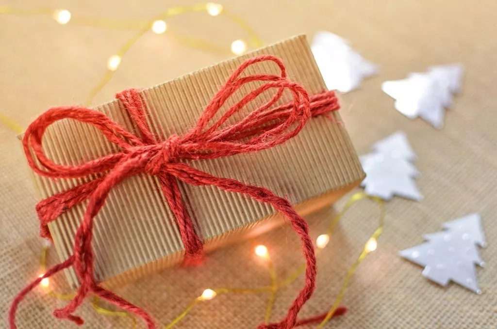 Holiday gift wrapped in red string